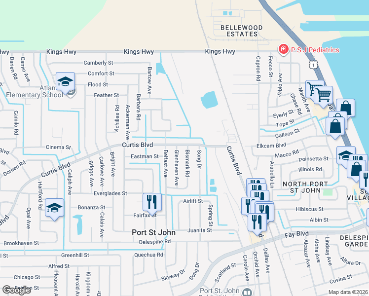 map of restaurants, bars, coffee shops, grocery stores, and more near 7065 Bismark Road in Port Saint John