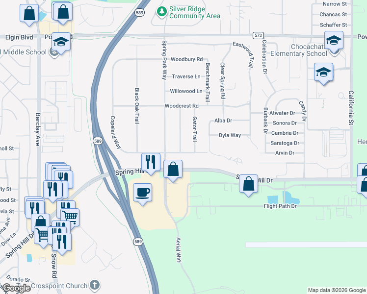 map of restaurants, bars, coffee shops, grocery stores, and more near 15151 Copeland Way in Brooksville
