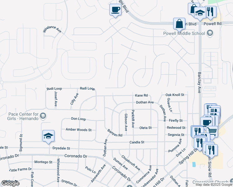 map of restaurants, bars, coffee shops, grocery stores, and more near 13405 Kane Road in Spring Hill