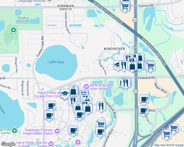 map of restaurants, bars, coffee shops, grocery stores, and more near 6202 Sandcrest Circle in Orlando