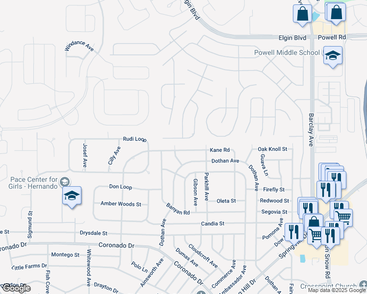 map of restaurants, bars, coffee shops, grocery stores, and more near 13405 Kane Road in Spring Hill