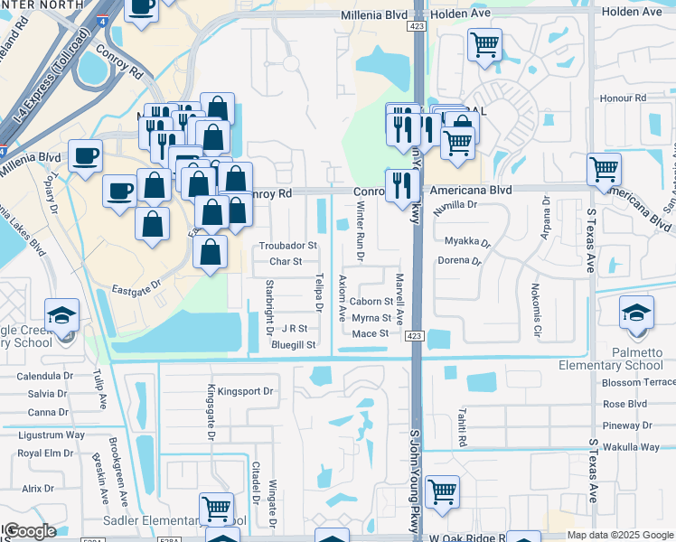 map of restaurants, bars, coffee shops, grocery stores, and more near 5504 Axiom Avenue in Orlando