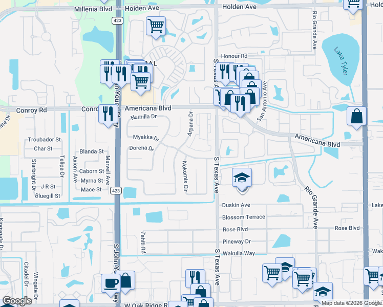 map of restaurants, bars, coffee shops, grocery stores, and more near 2449 Myakka Drive in Orlando