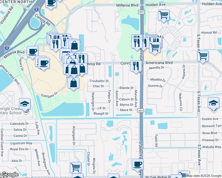 map of restaurants, bars, coffee shops, grocery stores, and more near 5504 Axiom Avenue in Orlando