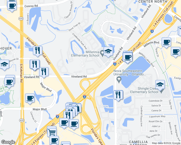 map of restaurants, bars, coffee shops, grocery stores, and more near 5273 Vineland Road in Orlando