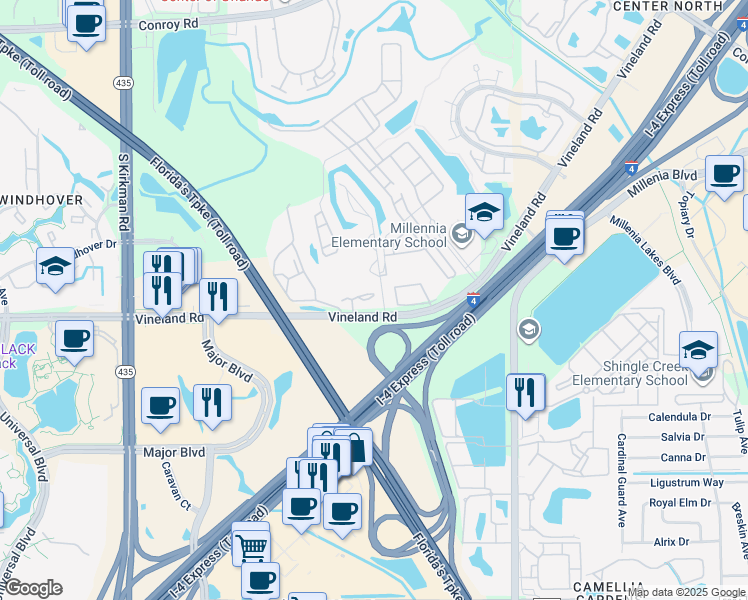 map of restaurants, bars, coffee shops, grocery stores, and more near 5421 Vineland Road in Orlando