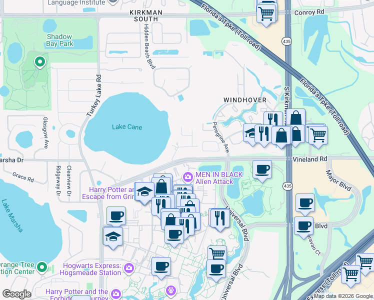map of restaurants, bars, coffee shops, grocery stores, and more near 6316 Cheryl Street in Orlando