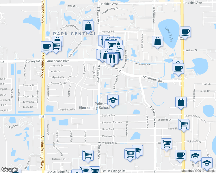 map of restaurants, bars, coffee shops, grocery stores, and more near 5424 Fitness Circle in Orlando