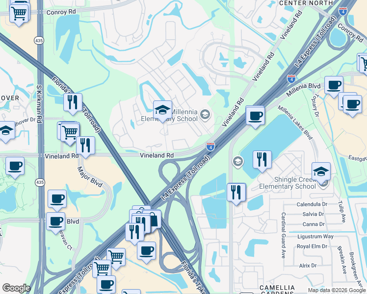 map of restaurants, bars, coffee shops, grocery stores, and more near 5273 Vineland Road in Orlando
