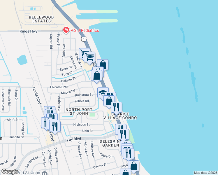 map of restaurants, bars, coffee shops, grocery stores, and more near 7060 North Cocoa Boulevard in Port Saint John