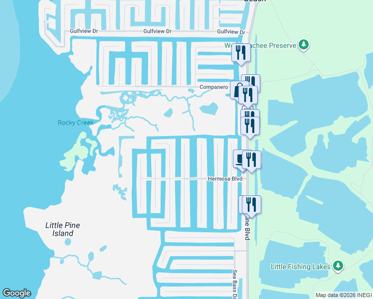 map of restaurants, bars, coffee shops, grocery stores, and more near 3371 Oleander Drive in Hernando Beach