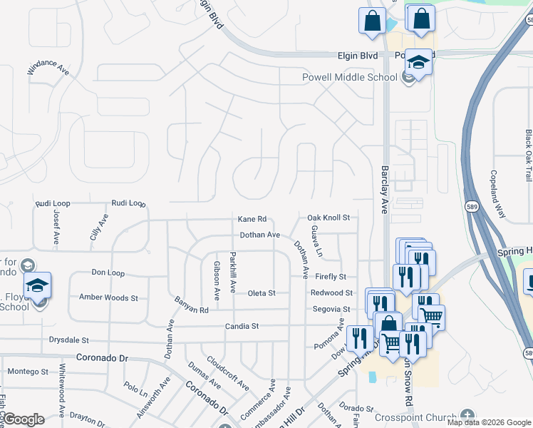 map of restaurants, bars, coffee shops, grocery stores, and more near 14059 Kane Rd in Spring Hill