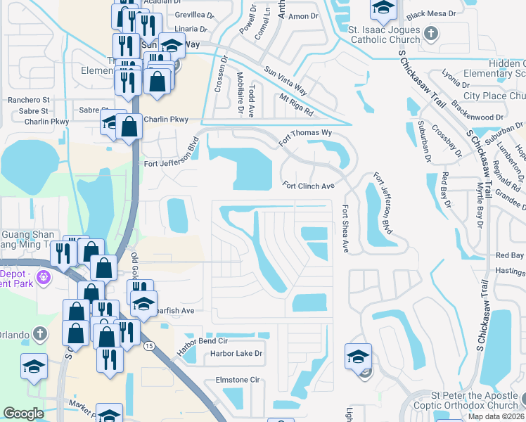 map of restaurants, bars, coffee shops, grocery stores, and more near 8007 Palm Harbor Way in Orlando