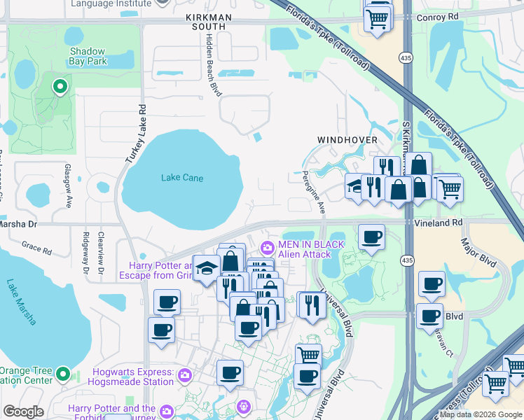 map of restaurants, bars, coffee shops, grocery stores, and more near 6316 Cheryl Street in Orlando