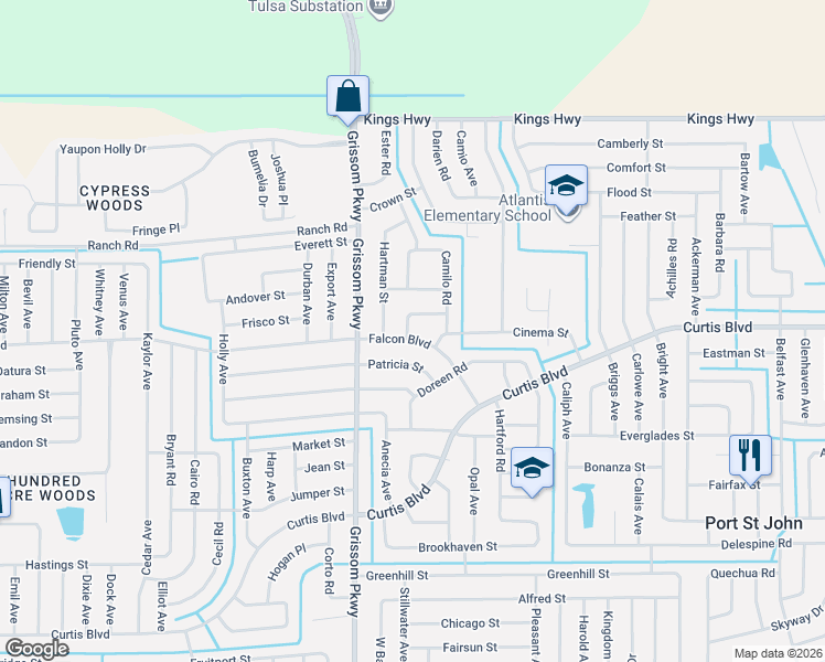 map of restaurants, bars, coffee shops, grocery stores, and more near 4934 Falcon Boulevard in Cocoa