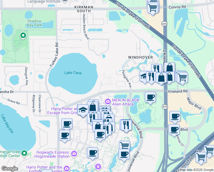 map of restaurants, bars, coffee shops, grocery stores, and more near 6316 Cheryl Street in Orlando