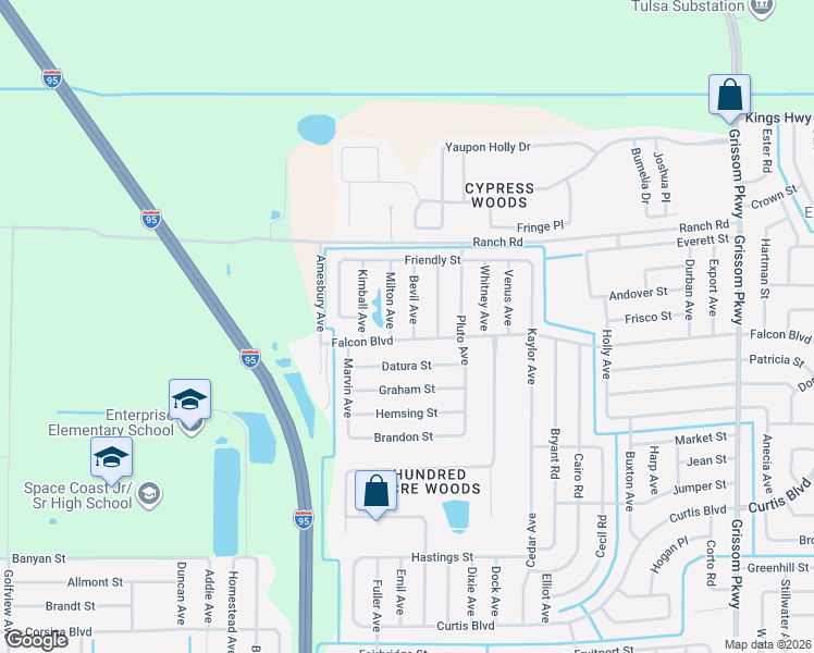 map of restaurants, bars, coffee shops, grocery stores, and more near 7150 Bevil Ave in Cocoa