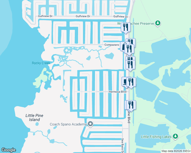 map of restaurants, bars, coffee shops, grocery stores, and more near 3371 Oleander Drive in Hernando Beach