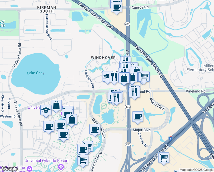 map of restaurants, bars, coffee shops, grocery stores, and more near 5979 Vineland Road in Orlando