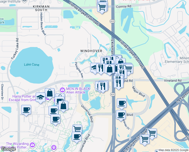 map of restaurants, bars, coffee shops, grocery stores, and more near 5979 Vineland Road in Orlando