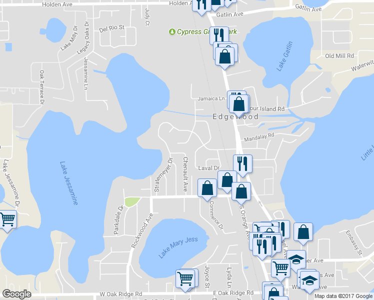 map of restaurants, bars, coffee shops, grocery stores, and more near 5 Kepner Street in Orlando