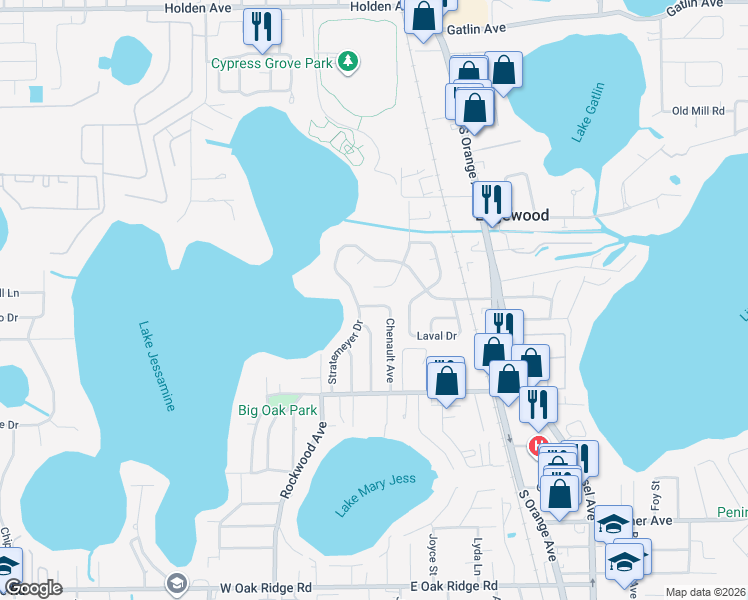 map of restaurants, bars, coffee shops, grocery stores, and more near 5 Kepner Street in Orlando