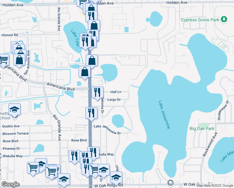 map of restaurants, bars, coffee shops, grocery stores, and more near 1124 Hall Lane in Orlando