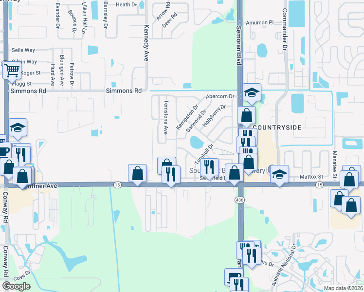 map of restaurants, bars, coffee shops, grocery stores, and more near 5815 Colchester Drive in Orlando