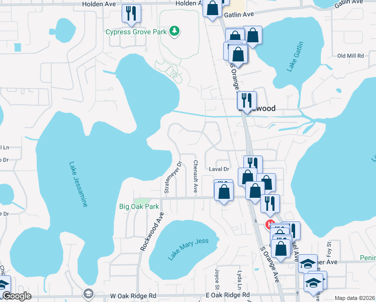 map of restaurants, bars, coffee shops, grocery stores, and more near 5 Kepner Street in Orlando