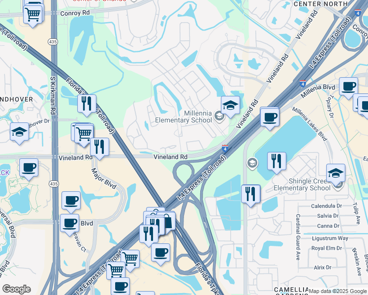 map of restaurants, bars, coffee shops, grocery stores, and more near 5273 Vineland Road in Orlando