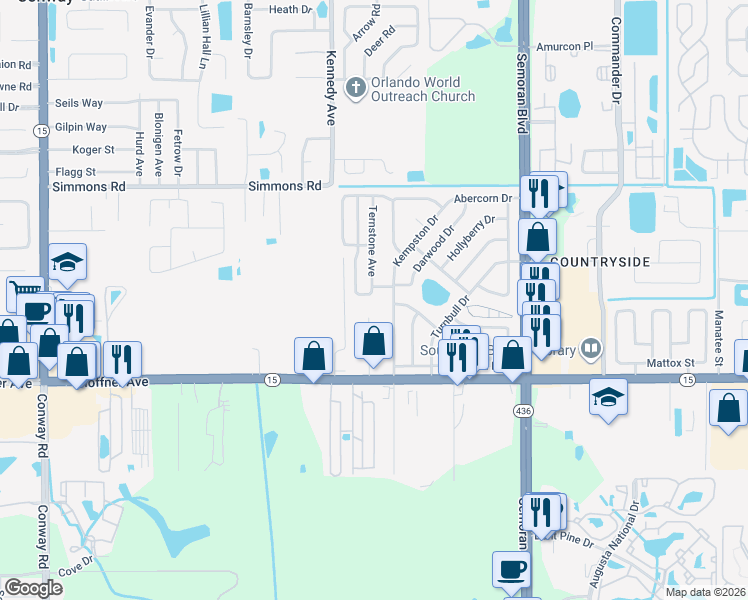 map of restaurants, bars, coffee shops, grocery stores, and more near 5680 Darnell Place in Orlando