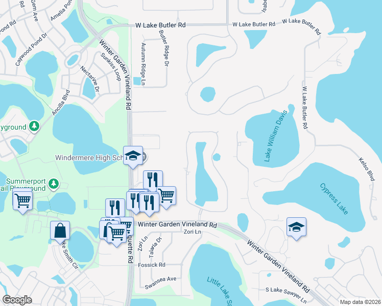 map of restaurants, bars, coffee shops, grocery stores, and more near 5620 Oxford Moor Boulevard in Windermere