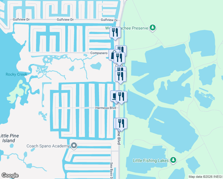 map of restaurants, bars, coffee shops, grocery stores, and more near 3398 Fernleaf Drive in Hernando Beach