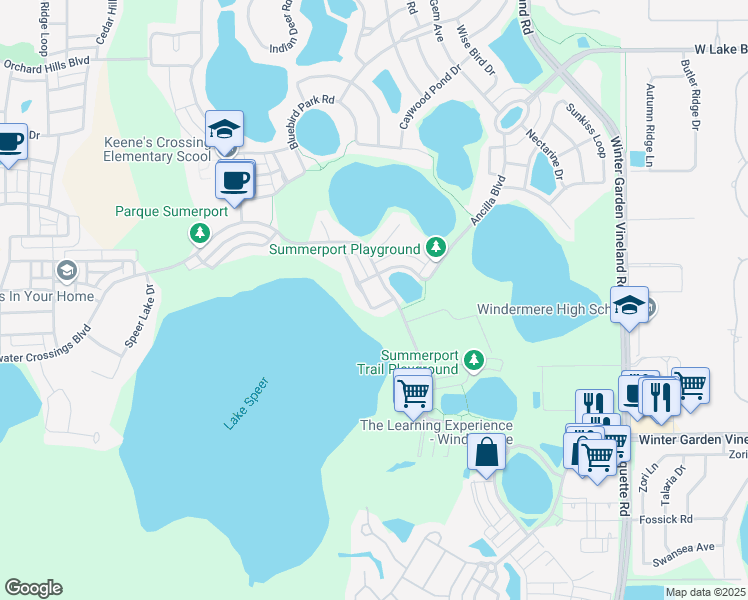 map of restaurants, bars, coffee shops, grocery stores, and more near 5576 Remsen Cay Lane in Windermere