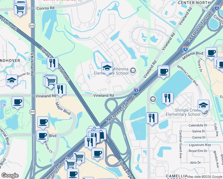 map of restaurants, bars, coffee shops, grocery stores, and more near 5273 Vineland Road in Orlando