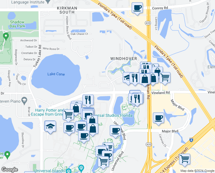 map of restaurants, bars, coffee shops, grocery stores, and more near 6149 Sandcrest Circle in Orlando