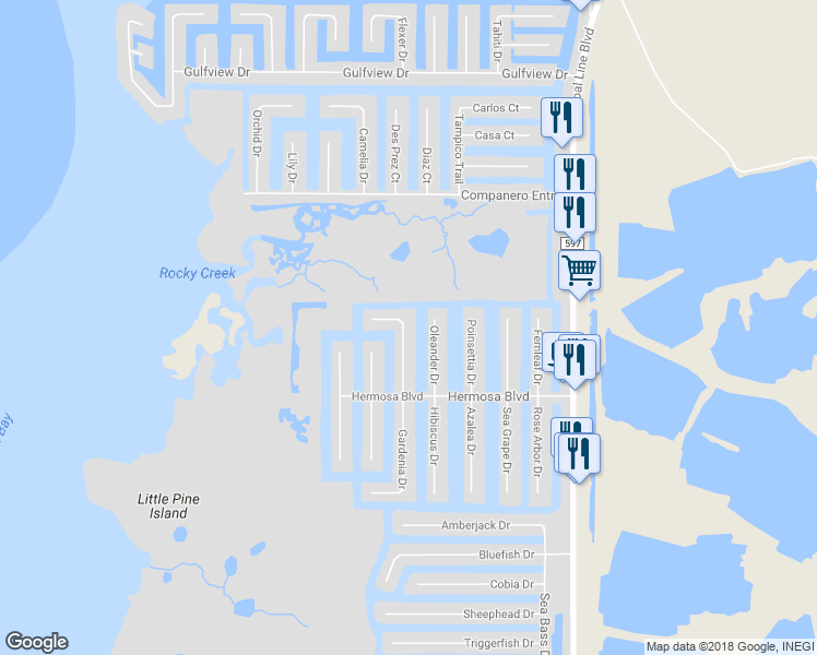 map of restaurants, bars, coffee shops, grocery stores, and more near 3428 Crape Myrtle Drive in Hernando Beach