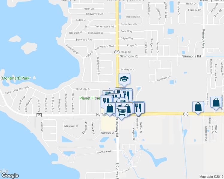 map of restaurants, bars, coffee shops, grocery stores, and more near 4826 Conway Road in Orlando