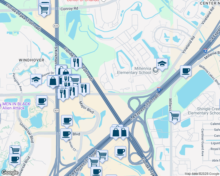 map of restaurants, bars, coffee shops, grocery stores, and more near 5483 Vineland Road in Orlando