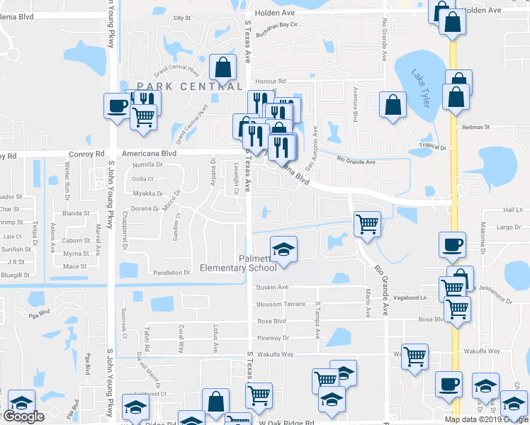 map of restaurants, bars, coffee shops, grocery stores, and more near 5424 Fitness Circle in Orlando