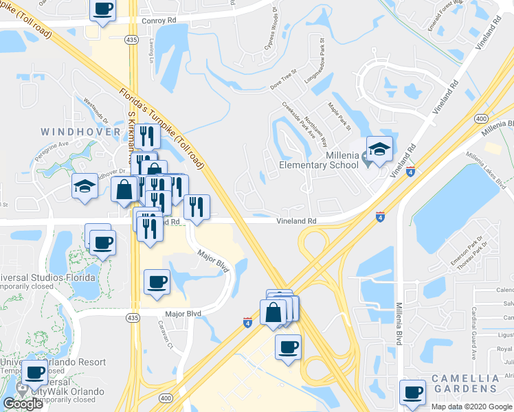 map of restaurants, bars, coffee shops, grocery stores, and more near 5483 Vineland Road in Orlando