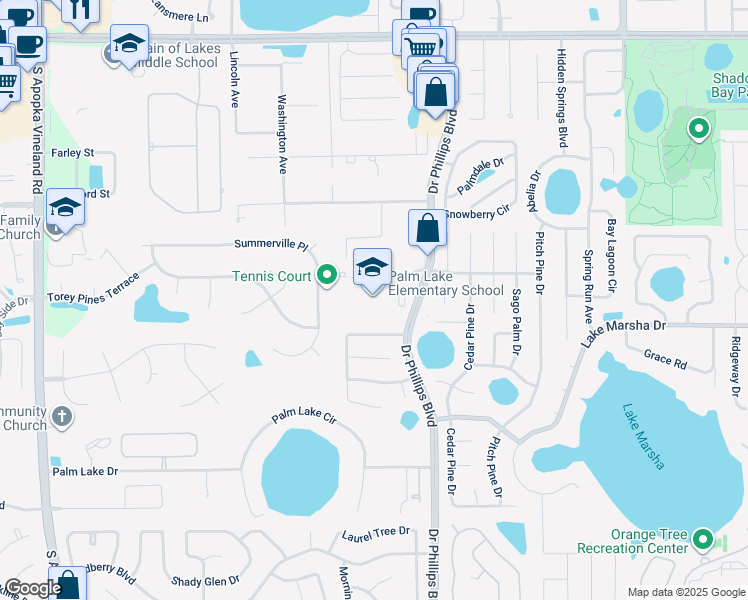 map of restaurants, bars, coffee shops, grocery stores, and more near 8000 Pin Oak Drive in Orlando