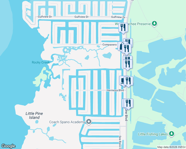 map of restaurants, bars, coffee shops, grocery stores, and more near 3371 Oleander Drive in Hernando Beach