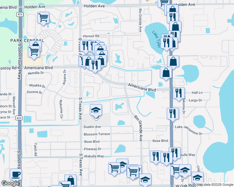 map of restaurants, bars, coffee shops, grocery stores, and more near 5337 Esplanade Park Circle in Orlando