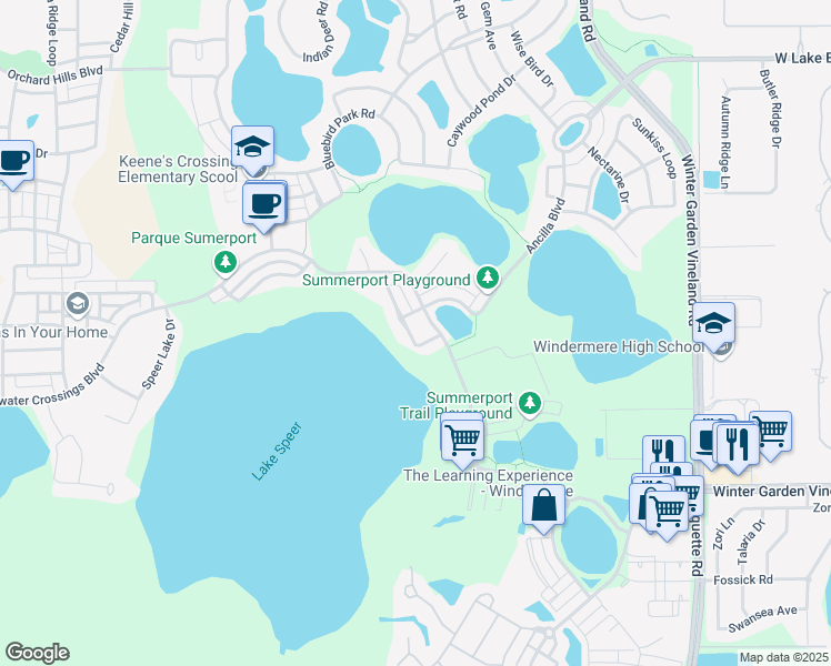 map of restaurants, bars, coffee shops, grocery stores, and more near 5583 Remsen Cay Lane in Windermere