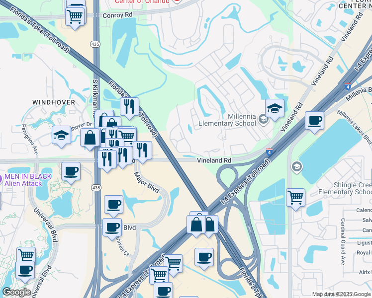 map of restaurants, bars, coffee shops, grocery stores, and more near 5483 Vineland Road in Orlando