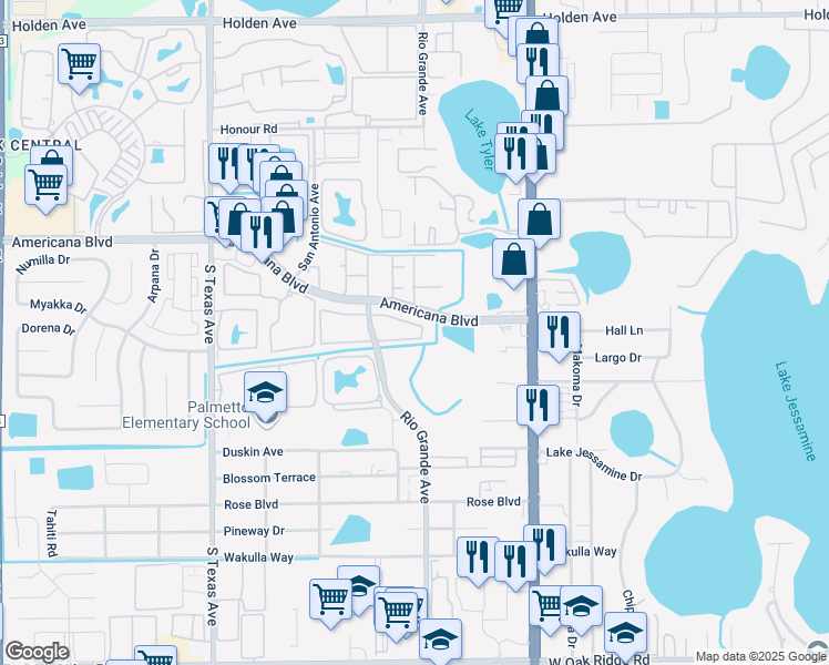 map of restaurants, bars, coffee shops, grocery stores, and more near 1776 Americana Boulevard in Orlando