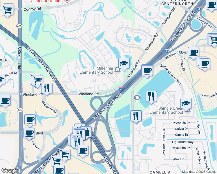 map of restaurants, bars, coffee shops, grocery stores, and more near 5343 Vineland Road in Orlando