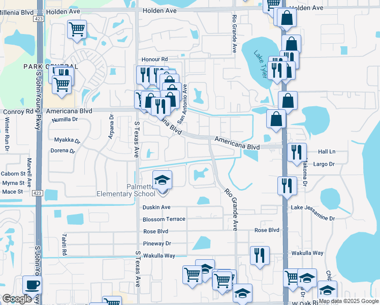 map of restaurants, bars, coffee shops, grocery stores, and more near 5301 Esplanade Park Circle in Orlando