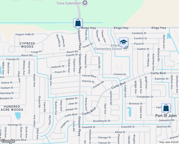 map of restaurants, bars, coffee shops, grocery stores, and more near 4934 Falcon Boulevard in Cocoa